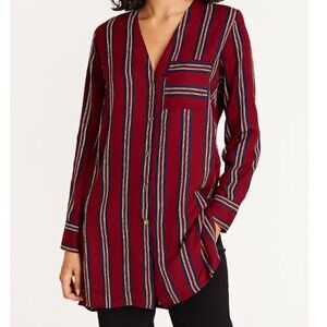 Mango Women's MNG Burgundy and Navy Long Sleeve Striped Button Front Tunic Top